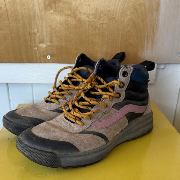 Vans Shoes - Vans Ultrarange tan suede high-top sneakers with pink stripe and yellow laces